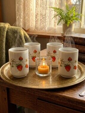 Vintage Strawberry Design White Ceramic Mugs Set Of 4 🍓